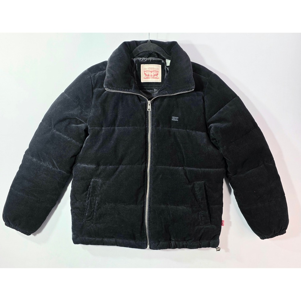 Levis Mens Corduroy Puffer Jacket Black Full Zip Quilted Insulated Coat Size S